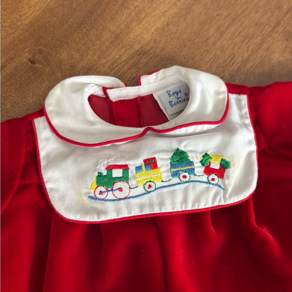 Vintage Red Velour Baby Romper with Train Embroidery - Picture 2 of 5